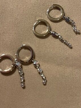 Bomb party set of 2 Silver Huggie Hoop Earrings with Dangle Bead Chains